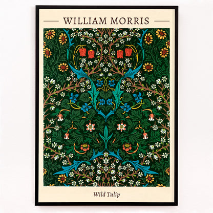 Closeup detail of Wild Tulip floral patterned artwork poster by William Morris featuring intricate green blue and red designs for wall decor