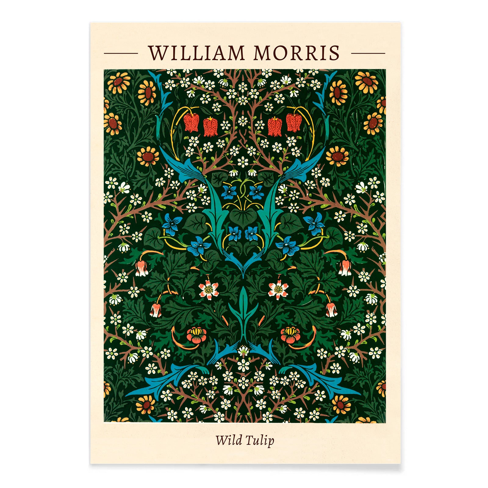 Wild Tulip floral patterned artwork poster by William Morris featuring intricate green blue and red designs for wall decor, with black aluminium frame on white background