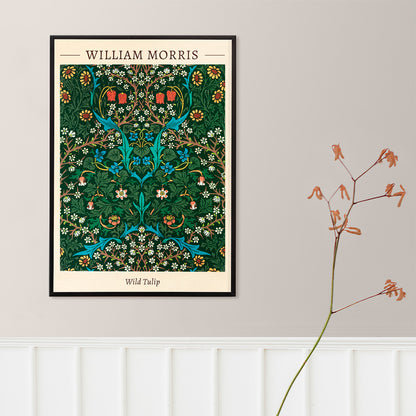 Wild Tulip floral patterned artwork poster by William Morris featuring intricate green blue and red designs for wall decor, framed and displayed in home decor