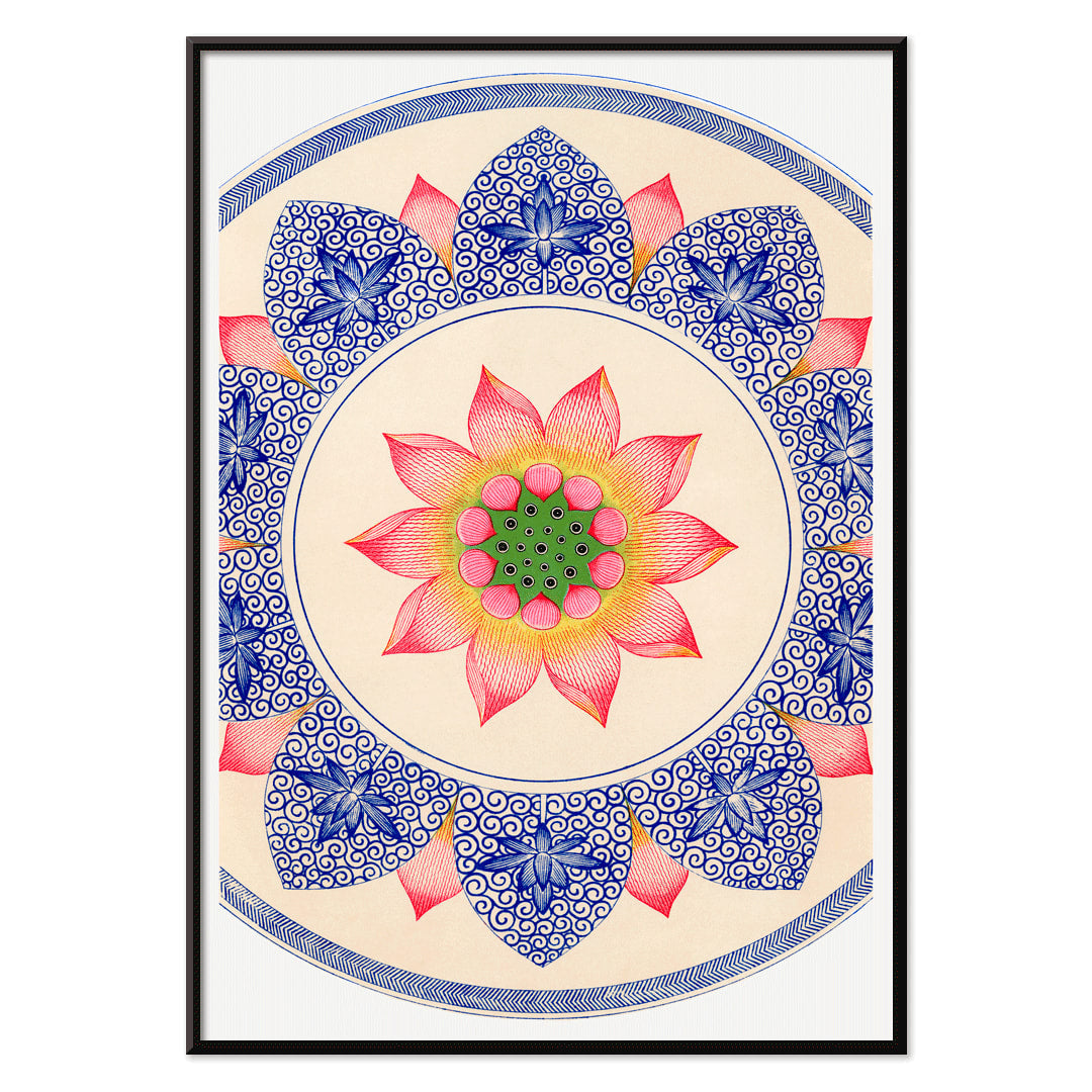 Pink floral pattern with intricate blue and red designs from Examples of Chinese Ornament by Owen Jones poster, with black aluminium frame on white background