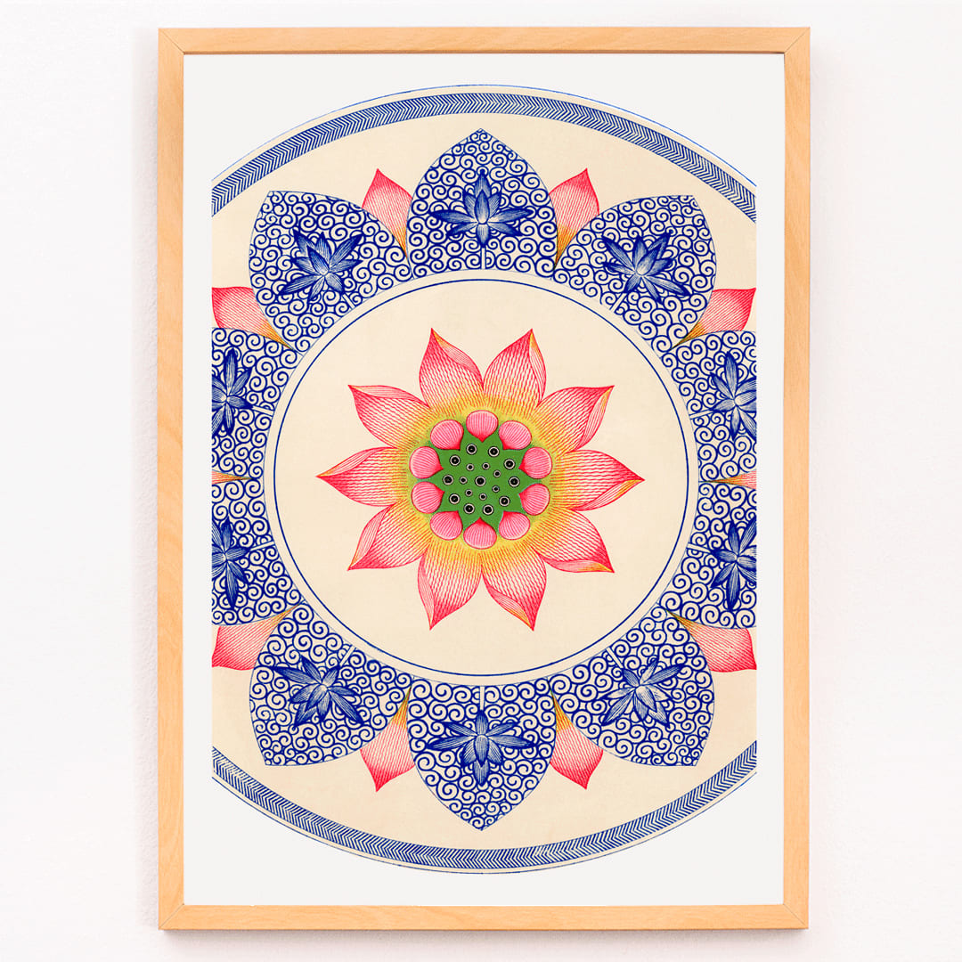 Pink floral pattern with intricate blue and red designs from Examples of Chinese Ornament by Owen Jones poster, framed and displayed in modern living room decor