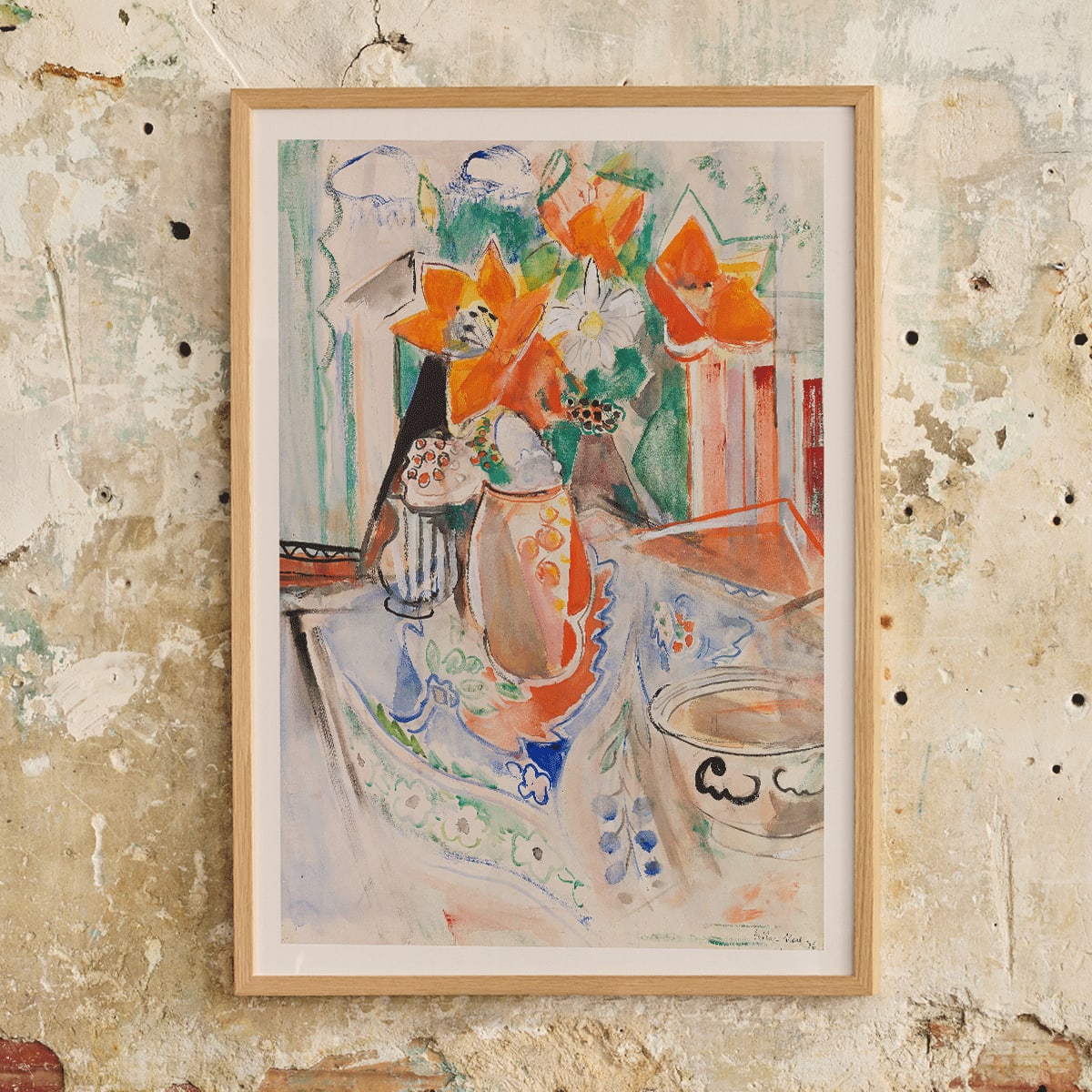 Floral still life poster by Oskar Moll with vibrant flowers in striped jug and bowl on colorful tablecloth, framed and displayed in modern living room decor