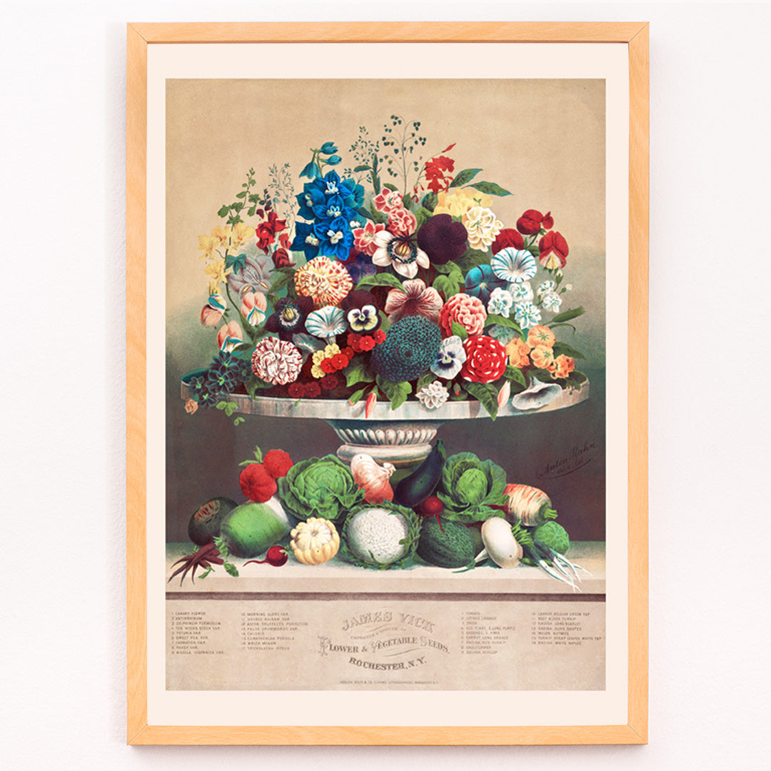 Closeup detail of Colorful poster of flowers and vegetables in a vase by Anton Carl Rahn for wall decor