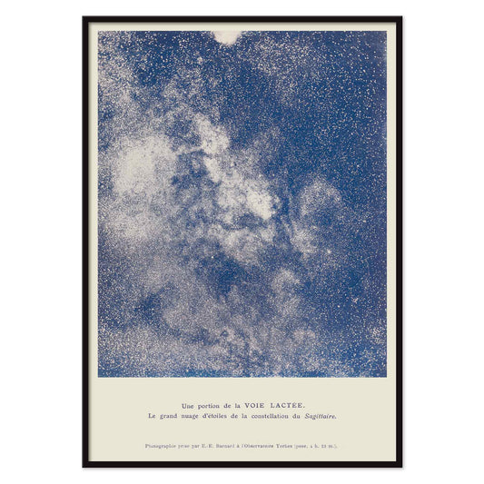 Lucien Rudaux A Portion of the Milky Way poster with luminous star cloud in Sagittarius and deep blue galactic dust, with black aluminium frame on white background