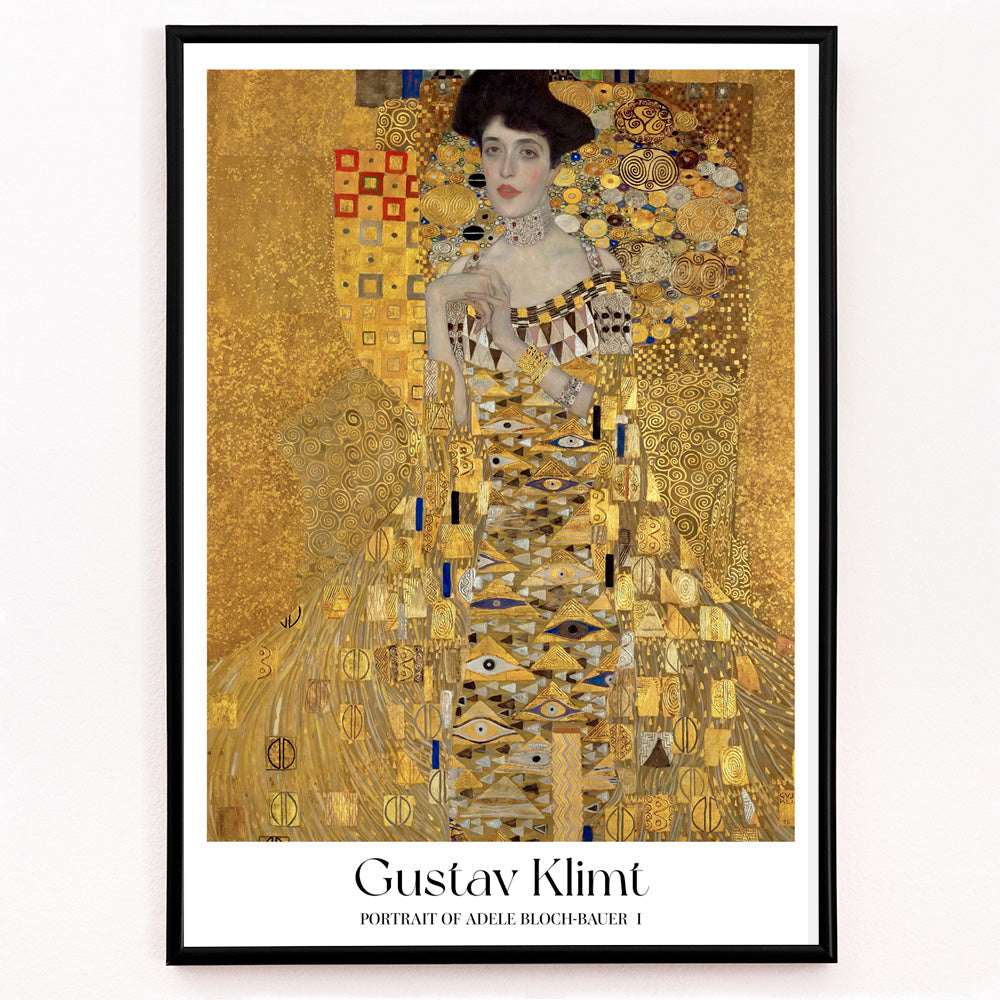 Closeup detail of Elegant woman in golden dress with intricate patterns Portrait of Adele Bloch-Bauer I by Gustav Klimt gold tones wall decor poster