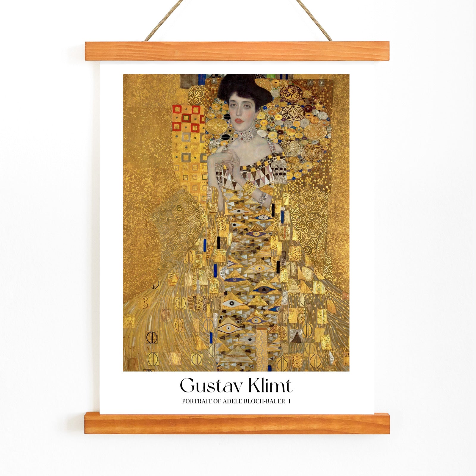 Elegant woman in golden dress with intricate patterns Portrait of Adele Bloch-Bauer I by Gustav Klimt gold tones wall decor poster, with wooden magnetic frame on white background