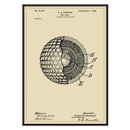 Golf ball patent technical drawing by R B Cavanagh showing detailed labeled interior structure and design elements, with black aluminium frame on white background