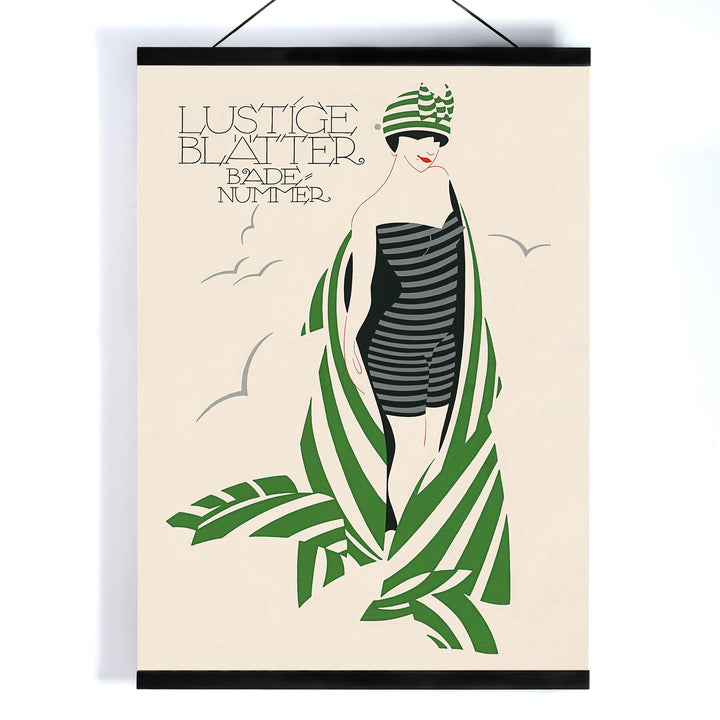 Julius Klinger Lustige Blatter Badenummer poster with stylized woman in striped swimsuit, green palm leaves, cream background, with wooden magnetic frame on white background