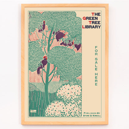 Vibrant green tree illustration and poster by Henry McCarter titled The Green Tree Library featuring green foliage decorative border and text for sale, framed and displayed in modern living room decor