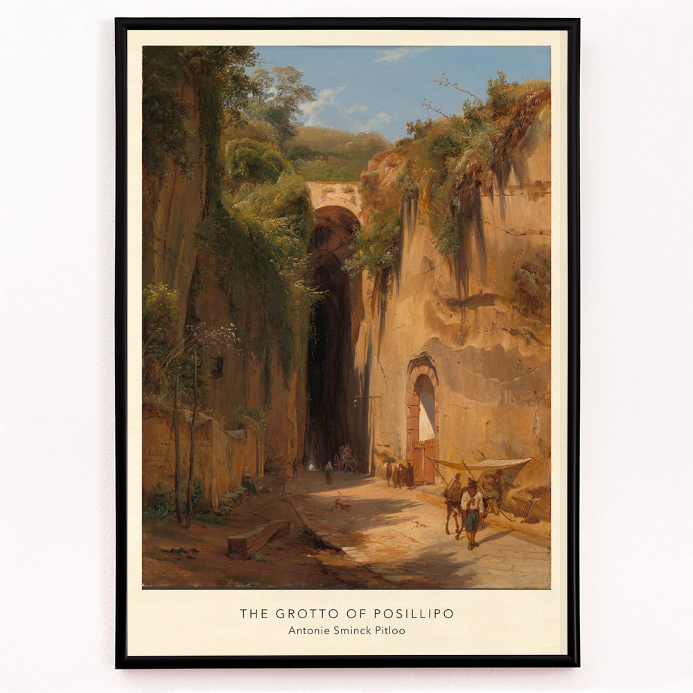Closeup detail of The Grotto of Posillipo by Antonie Sminck Pitloo scenic landscape with people animals stone archway cliffs and dramatic rocky tunnel entrance