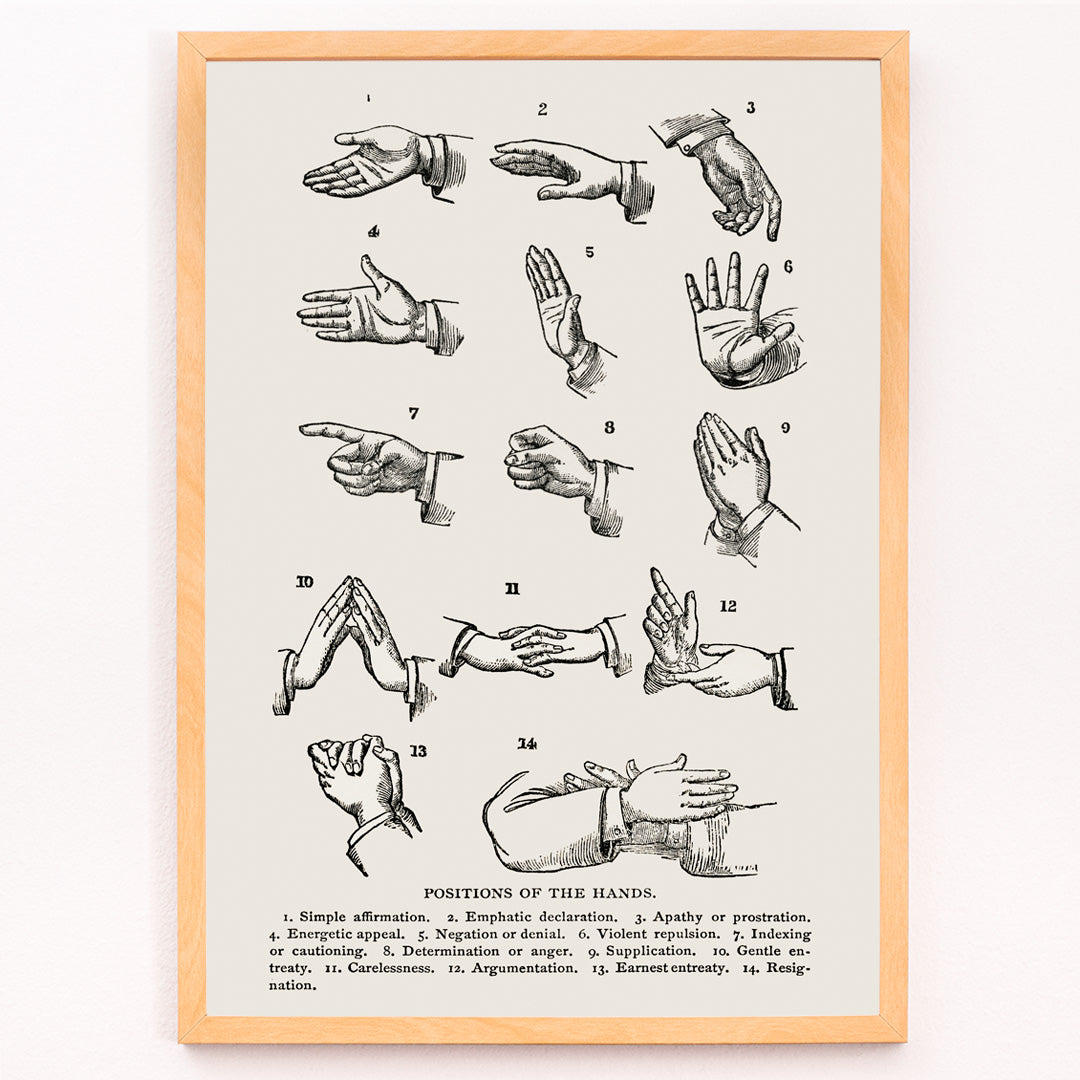 Closeup detail of Drawings and poster of hand gesture positions for sign language by Joseph Gibbons Richardson from Positions of the Hands artwork