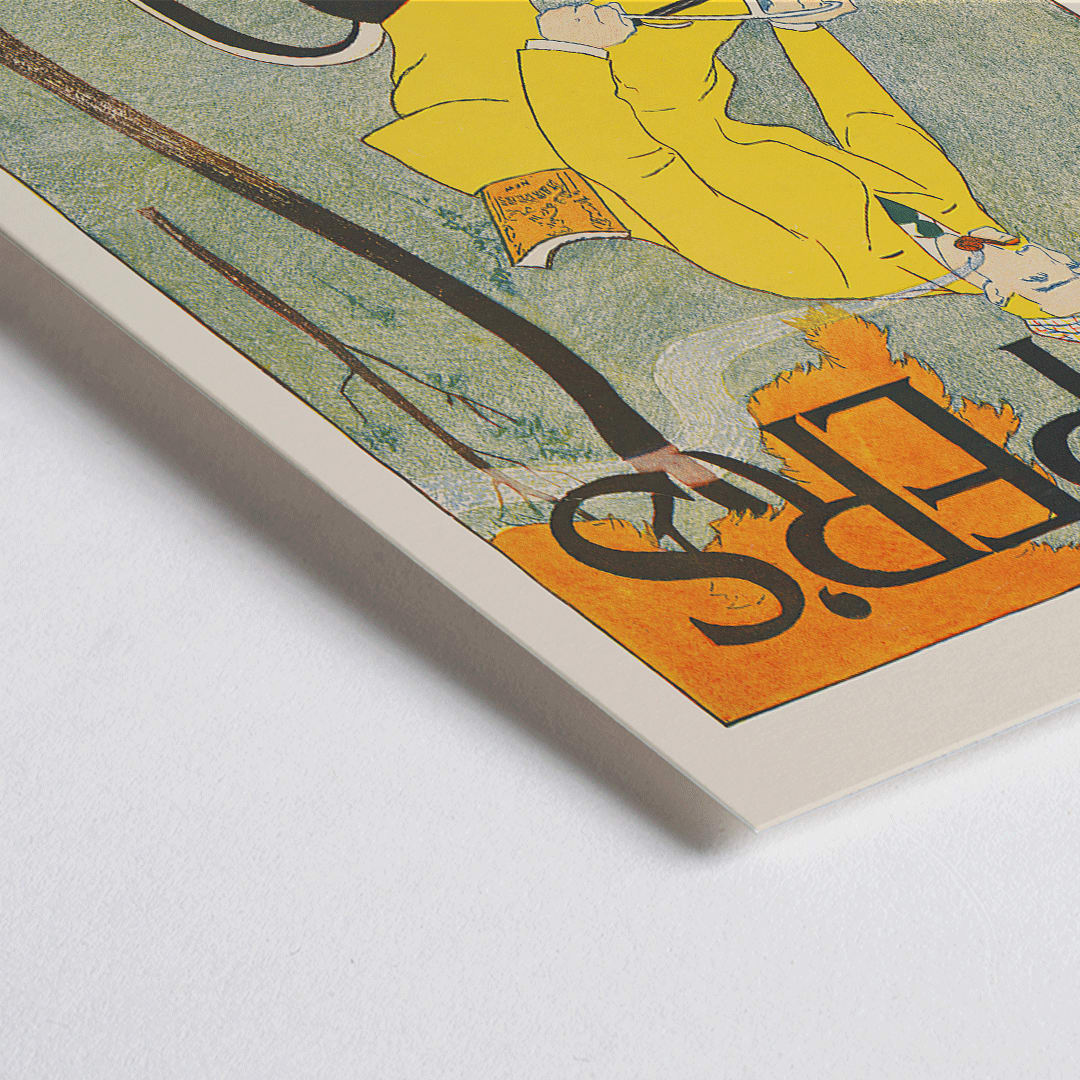 Closeup detail of Man riding bicycle in autumn landscape wearing yellow outfit Harper for October poster by Edward Penfield with title displayed at top and bottom