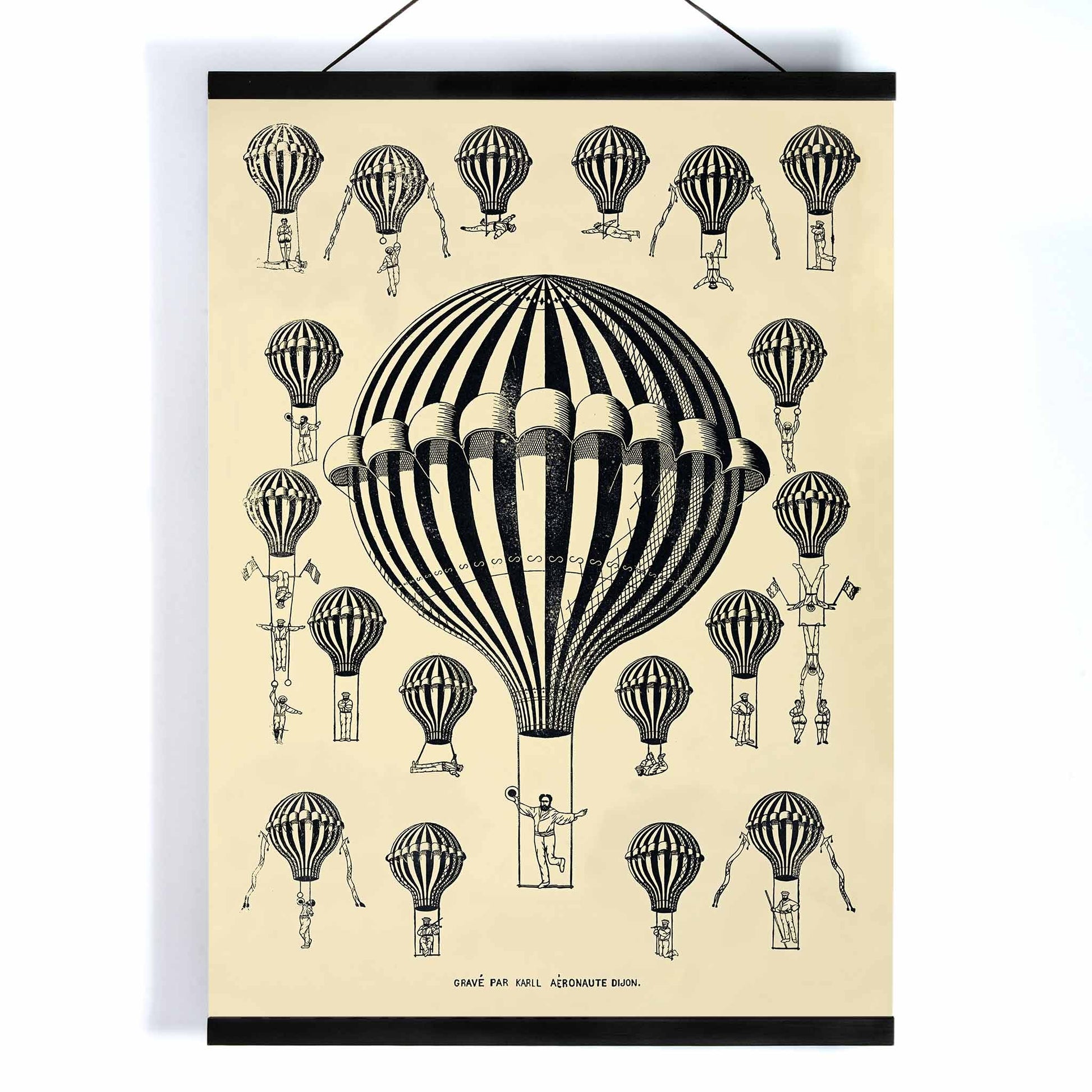 Henry La Vaulx Hot Air Balloon Study vintage scientific balloon chart with black and white striped balloons poster, with wooden magnetic frame on white background