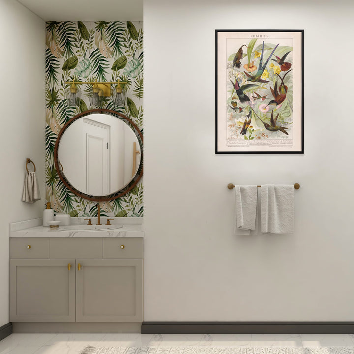 Colorful hummingbirds and tropical flowers poster illustration from Kolibris by Friedrich Arnold Brockhaus, framed and displayed in home decor