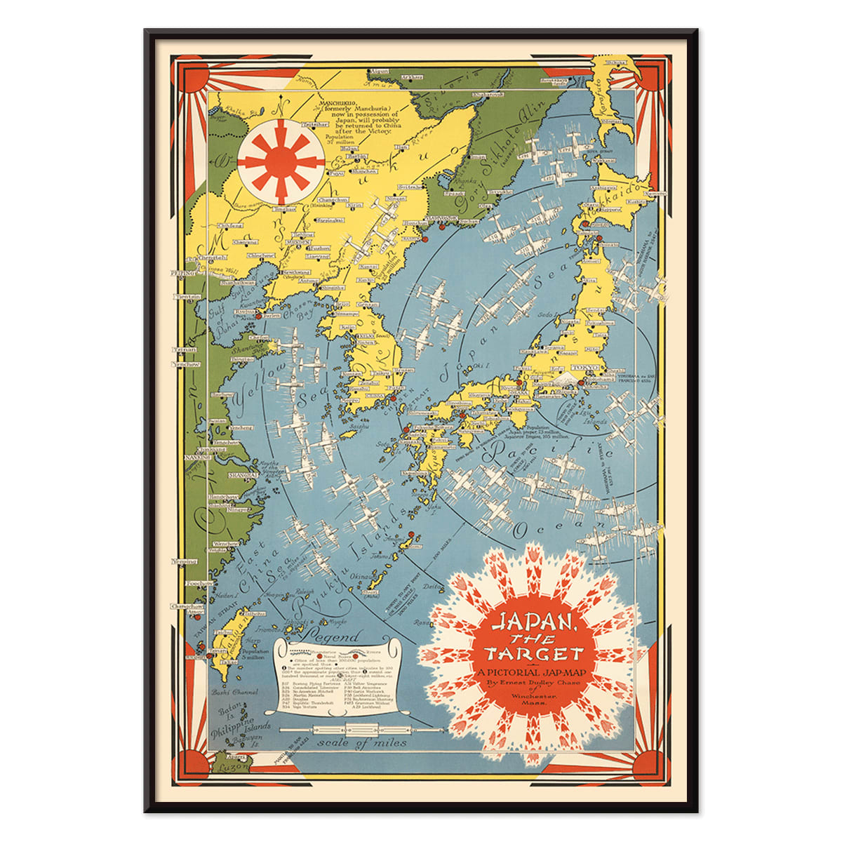 Colorful illustrated map of Japan and surrounding regions by Ernest Dudley Chase titled Japan the Target a Pictorial Jap-map poster, with black aluminium frame on white background