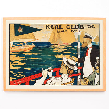 Sailing scene and poster for Real Club de Barcelona by Joan Llaverias featuring elegantly dressed figures and people in maritime attire with sailboats in the background, framed and displayed in modern living room decor