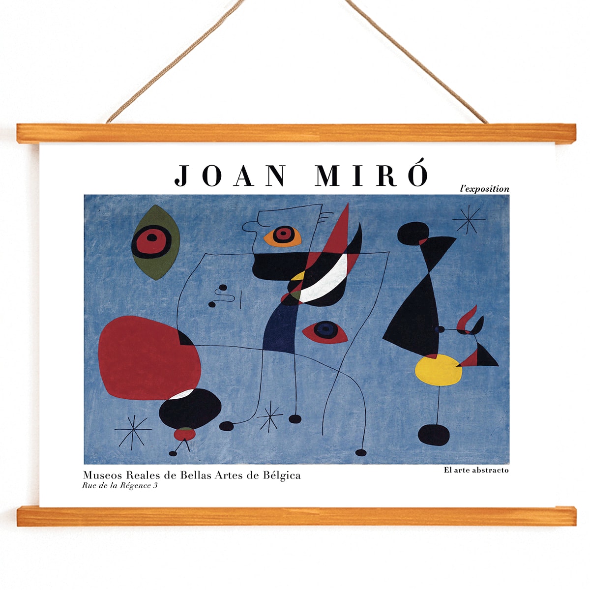 Exhibition poster of abstract artwork Woman and Bird at Night by Joan Miro with colorful shapes on a blue background, with wooden magnetic frame on white background