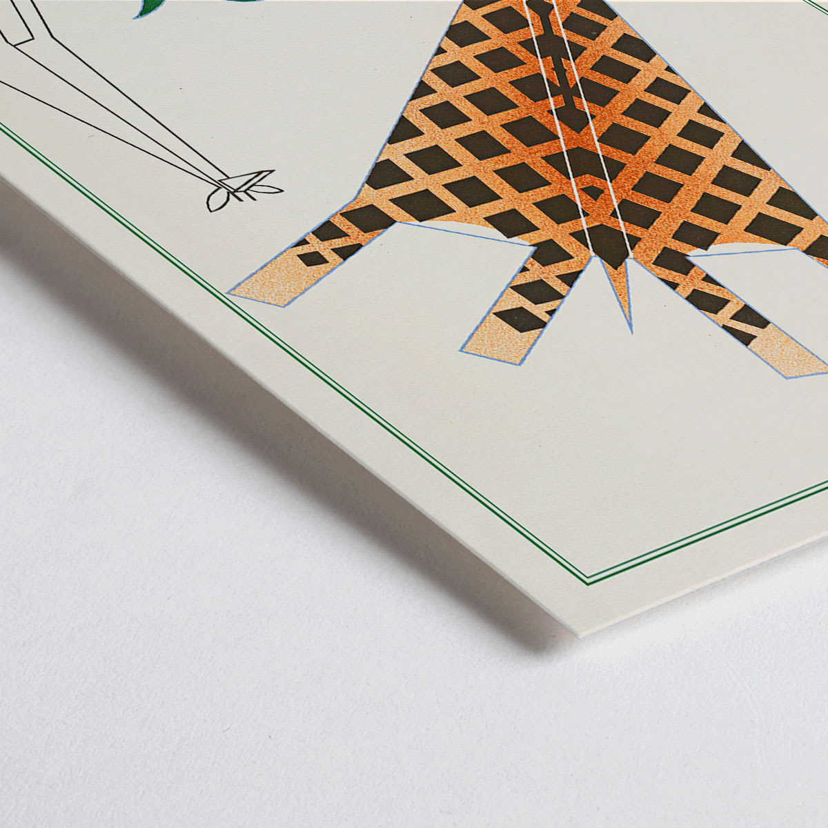 Closeup detail of Abstract giraffe artwork with green leaves by Turenne Chevallereau titled La Jungle chez moi Pl.05 poster