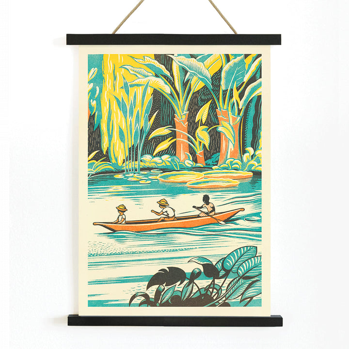 Three people canoeing through lush jungle foliage on a river vibrant greenery A Jungle Picnic Pl by Clifford Webb poster, with wooden magnetic frame on white background