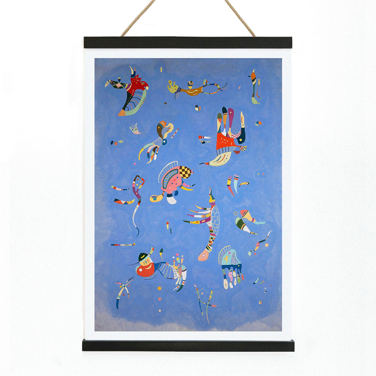 Bleu de Ciel by Wassily Kandinsky abstract blue artwork poster with colorful geometric shapes and vibrant colors on a blue background, with wooden magnetic frame on white background
