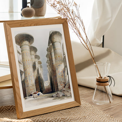 Ancient Egyptian columns and hieroglyphs in Great Hall at Karnak temple in Thebes artwork and poster illustration by David Roberts showing ruins, framed and displayed in home decor