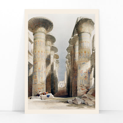 Ancient Egyptian columns and hieroglyphs in Great Hall at Karnak temple in Thebes artwork and poster illustration by David Roberts showing ruins, framed and displayed in modern living room decor