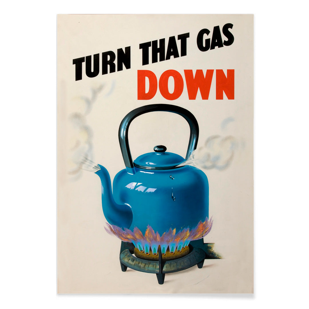 Blue kettle boiling on gas stove with steam and flames promoting energy saving from Turn that gas down artwork, with black aluminium frame on white background