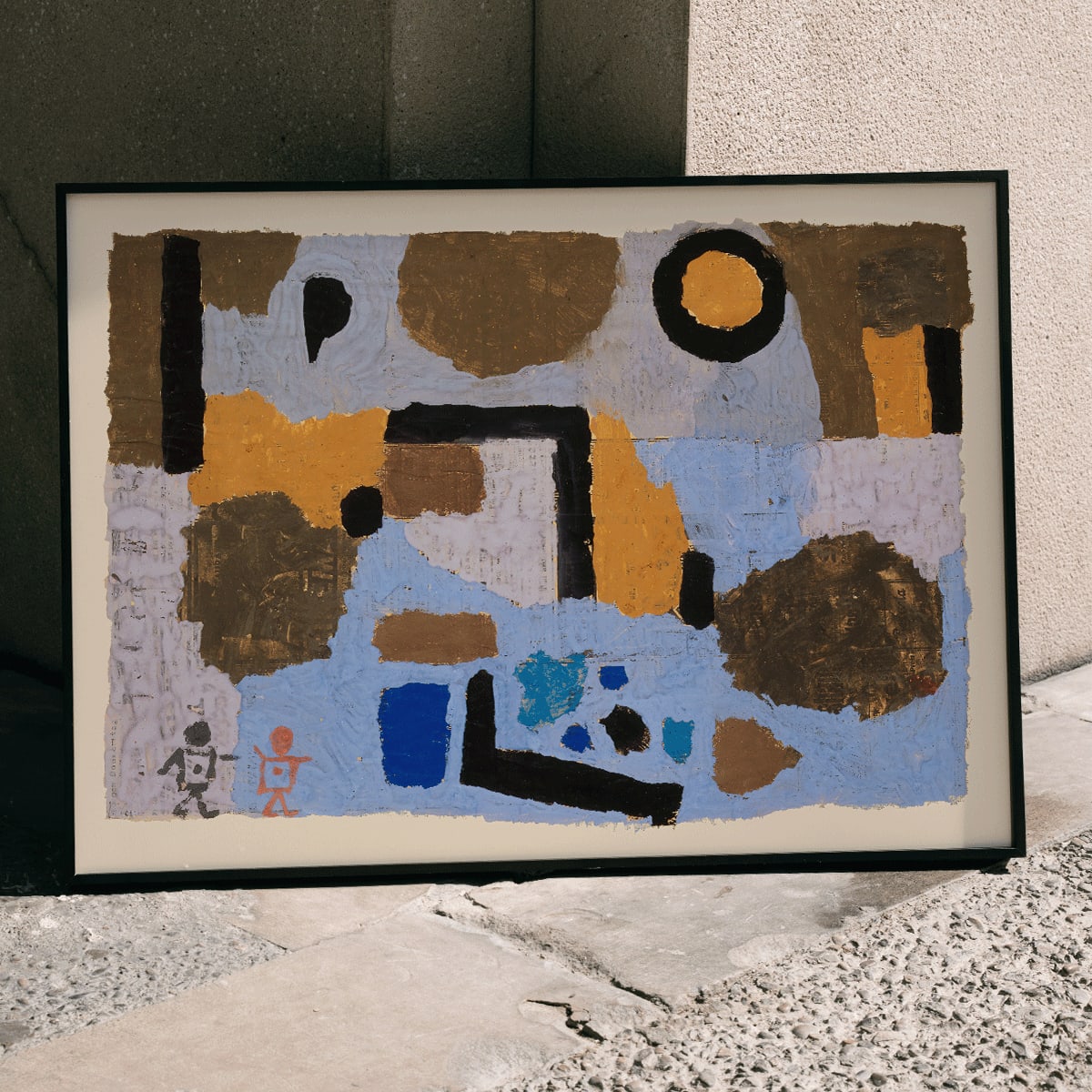 Abstract geometric art in blue and brown earthy tones by Paul Klee titled With the Two Lost Ones poster, framed and displayed in home decor