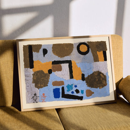 Abstract geometric art in blue and brown earthy tones by Paul Klee titled With the Two Lost Ones poster, framed and displayed in modern living room decor