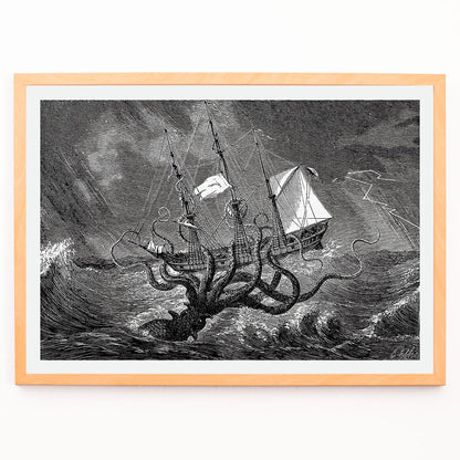 The Kraken attacking a ship in stormy seas sea monster poster titled The Kraken as seen by the eye of imagination, framed and displayed in modern living room decor