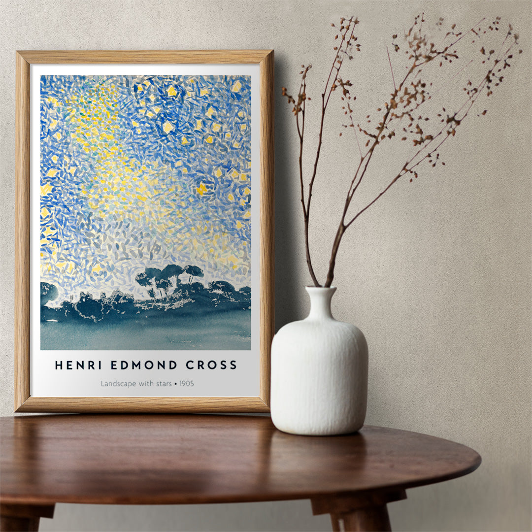 Landscape with Stars by Henri Edmond Cross colorful night sky painting and poster featuring blue and yellow star filled sky above dark landscape, framed and displayed in home decor