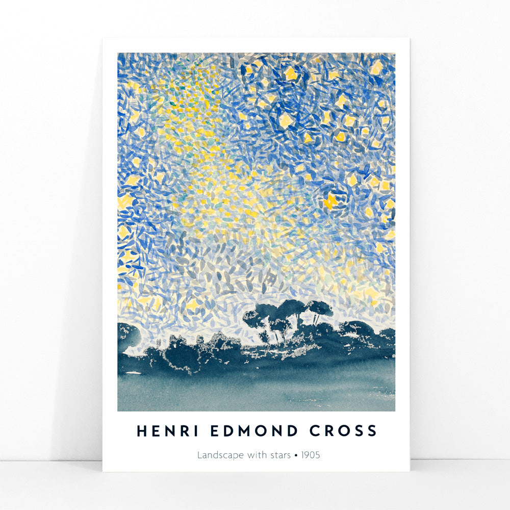 Landscape with Stars by Henri Edmond Cross colorful night sky painting and poster featuring blue and yellow star filled sky above dark landscape, framed and displayed in modern living room decor