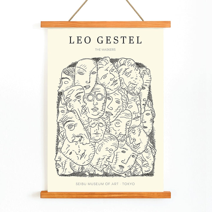 Leo Gestel Maskers artwork and poster featuring abstract faces and post-impressionist style exhibited at Seibu Museum of Art Tokyo, with wooden magnetic frame on white background