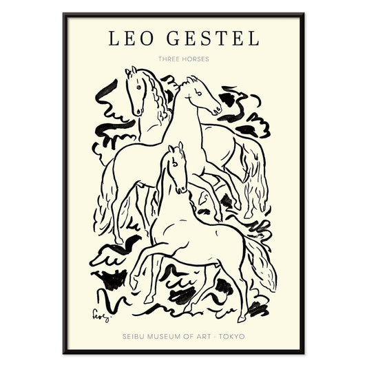 Three Horses by Leo Gestel black and white illustration of three horses in dynamic poses poster, with black aluminium frame on white background