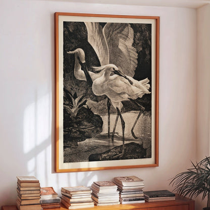 Egrets and spoonbills in natural setting from Lepelaars artwork by Adriaan van Hoff poster, framed and displayed in home decor