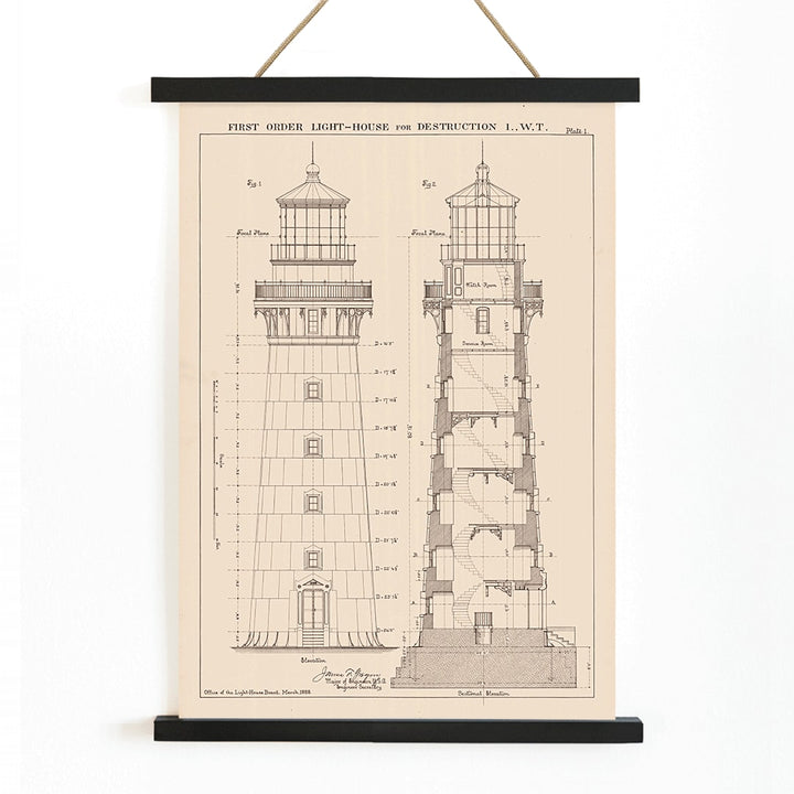 Section and elevation drawing of the Lighthouse at Destruction Island Washington by James G Hill poster, with wooden magnetic frame on white background