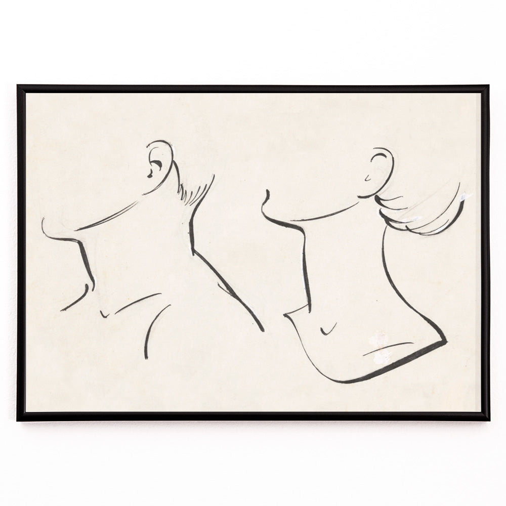 Closeup detail of Minimalist ink drawing and line art poster of man and woman necks by Hans Borrebach