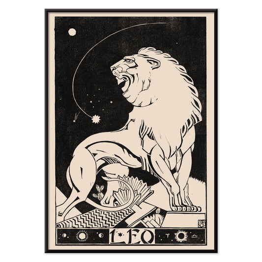 Art deco poster of a stylized roaring lion representing Leo zodiac sign by Henri van der Stok in black and white, with black aluminium frame on white background