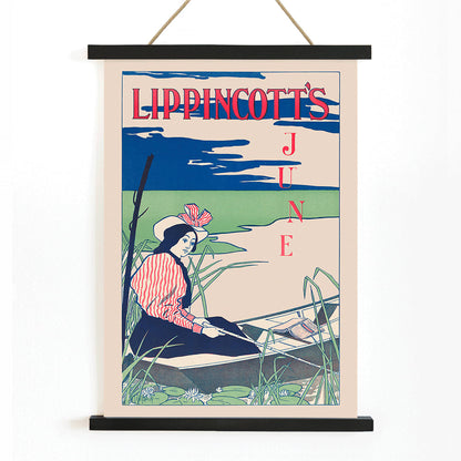 Woman boating on a serene river wearing a striped dress and hat surrounded by reeds and water lilies Lippincotts June by William Carqueville, with wooden magnetic frame on white background
