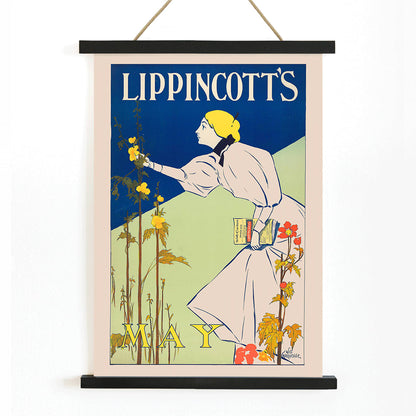 Woman in white dress picking flowers holding a book for Lippincotts May by William Carqueville illustration and poster, with wooden magnetic frame on white background