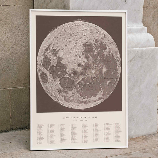 Lucien Rudaux General Map of the Moon poster with labeled lunar globe and craters in vintage monochrome scientific style, framed and displayed in home decor