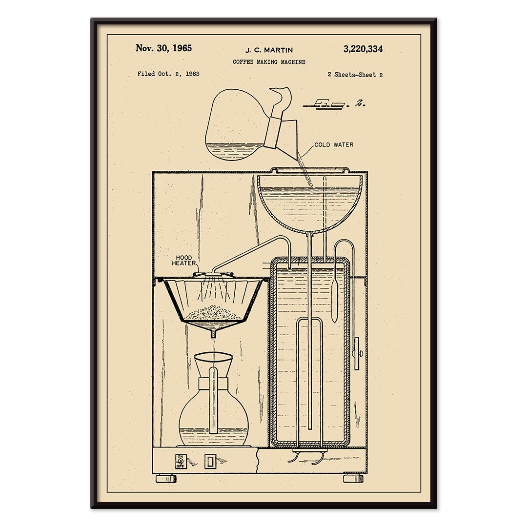 Vintage coffee making machine patent drawing and technical poster by JC Martin with labeled components and mechanisms, with black aluminium frame on white background