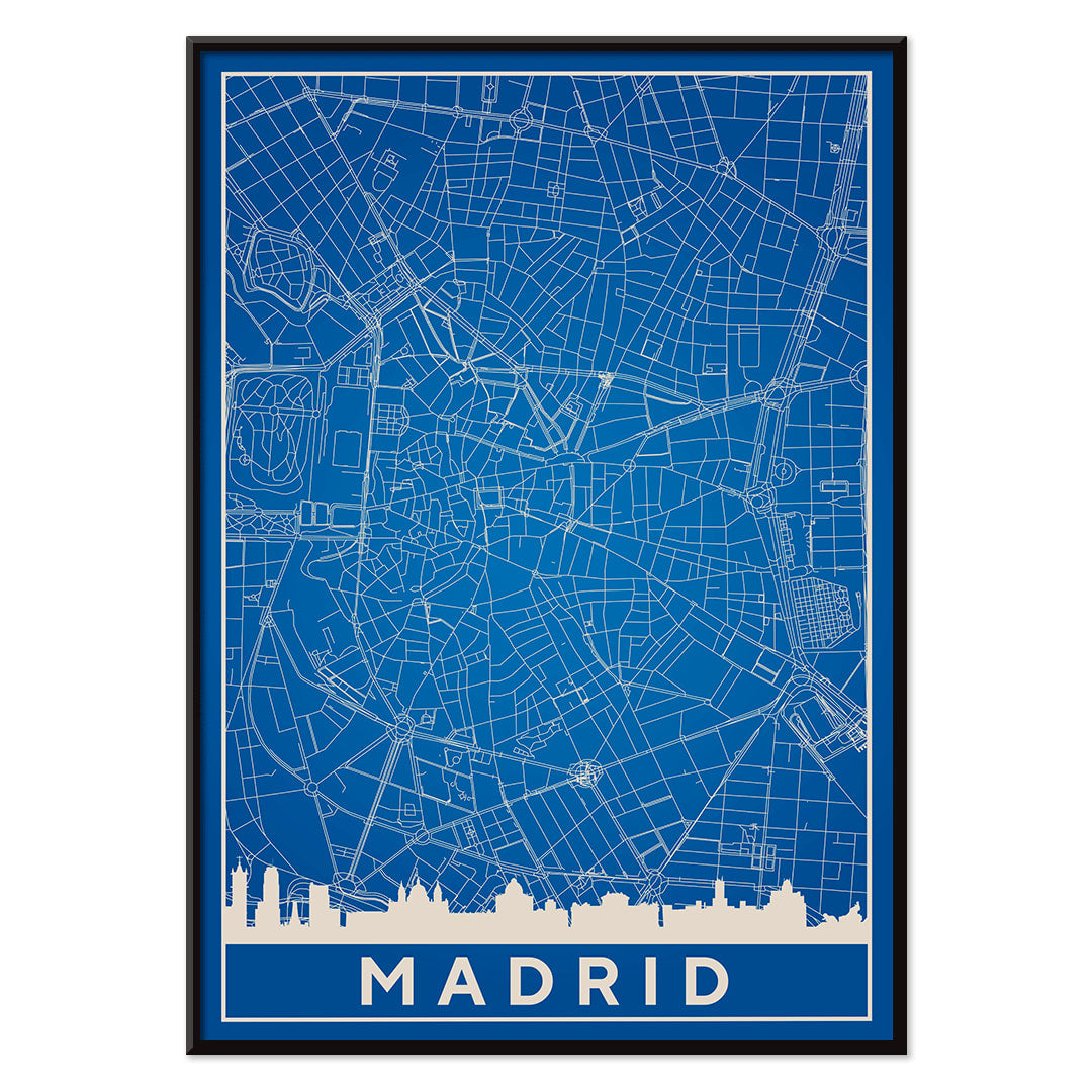Minimalist Madrid Map by Artist Name blue and white city layout with silhouettes and street details poster, with black aluminium frame on white background