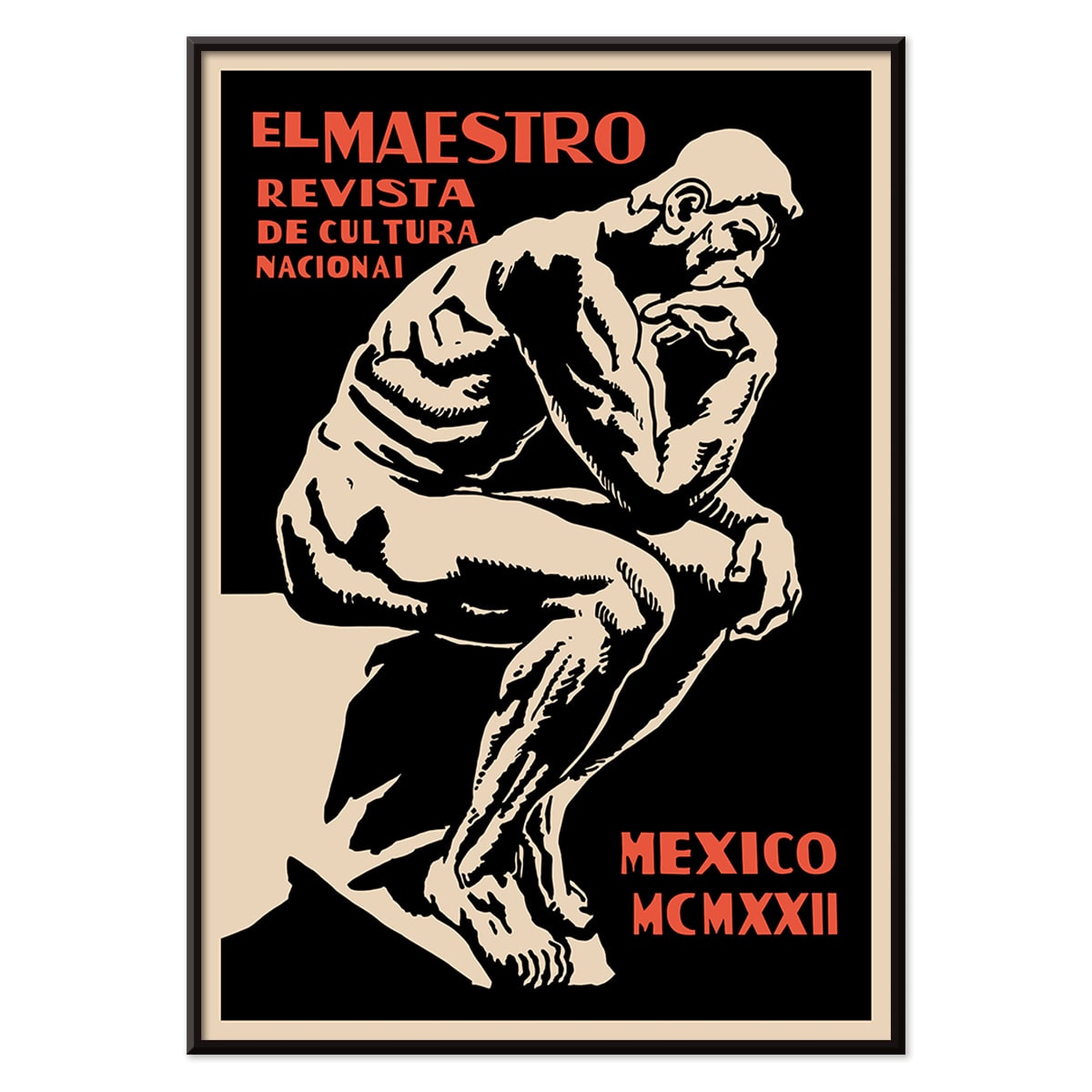 El Maestro Revista de Cultura Nacional Magazine cover and poster featuring a bold graphic thinker statue artwork, with black aluminium frame on white background