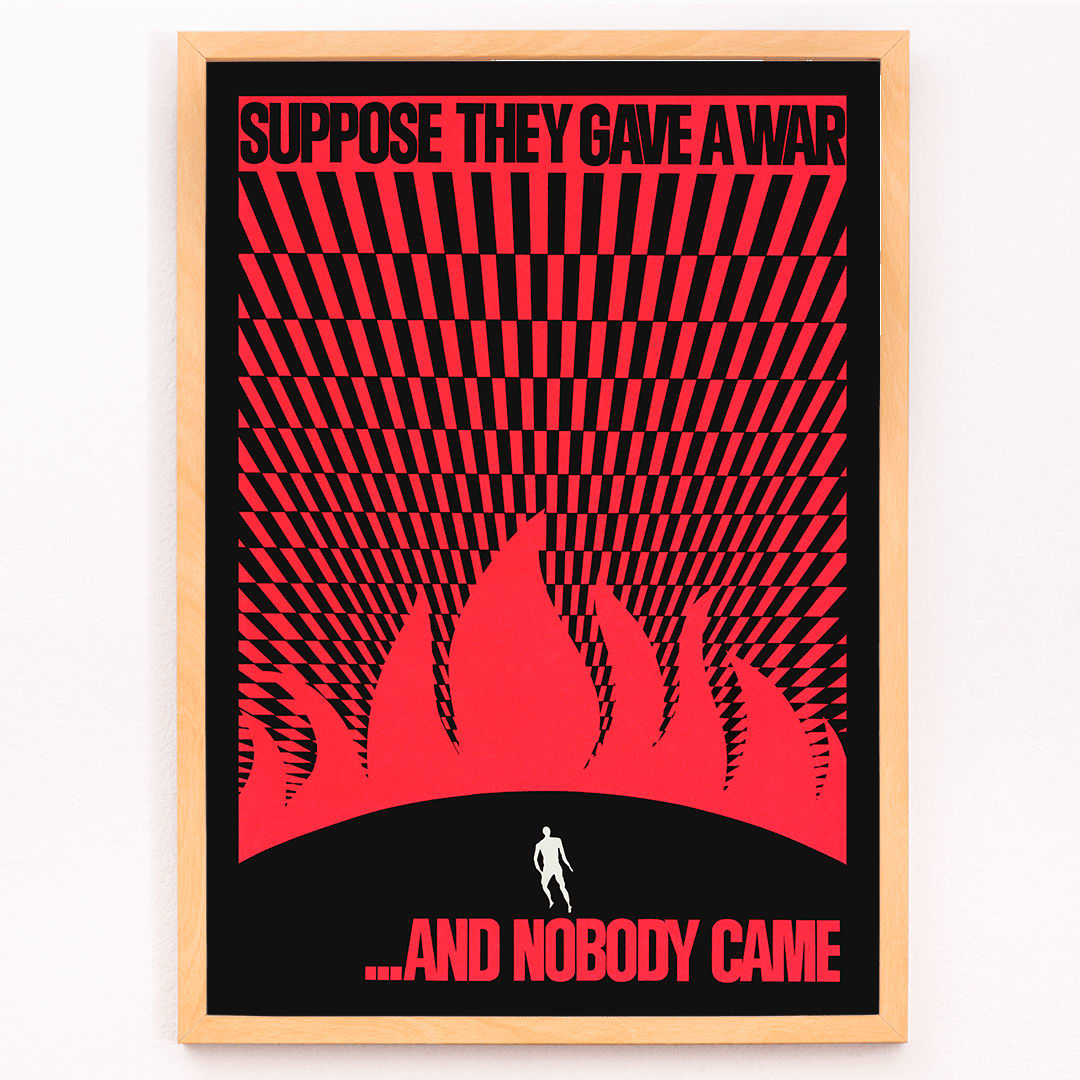 Man on hill facing flames poster by Gary Yanker titled Suppose They Gave a War and Nobody Came Prop art New York, framed and displayed in modern living room decor