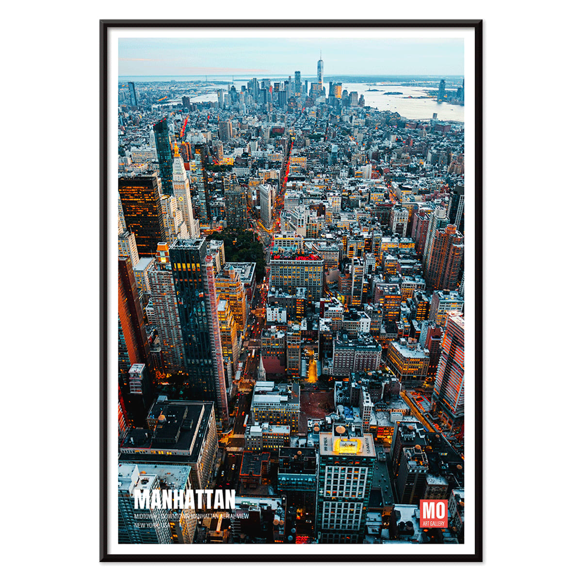 Aerial view and poster of Manhattan skyline in New York by Mo Art Gallery, with black aluminium frame on white background