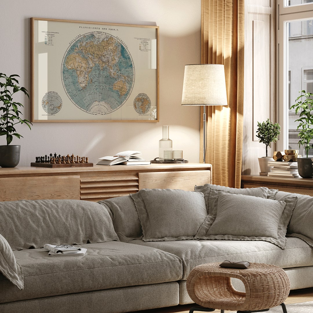 Detailed vintage world map illustration and poster titled Planiglobes of the Earth II by The Institute of Liepzig featuring colored geographical features, framed and displayed in home decor