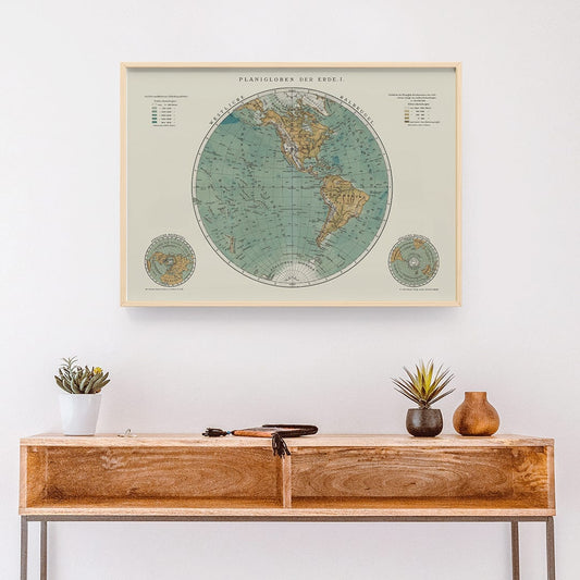 Vintage world map artwork and detailed continents poster Planiglobes of the Earth I by The Institute of Liepzig, framed and displayed in home decor