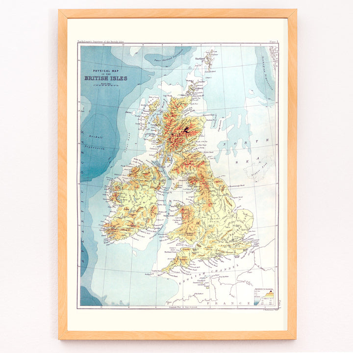 Closeup detail of Vintage topographic and physical map poster of the British Isles by John Bartholomew from Gazetteer of the British Isles