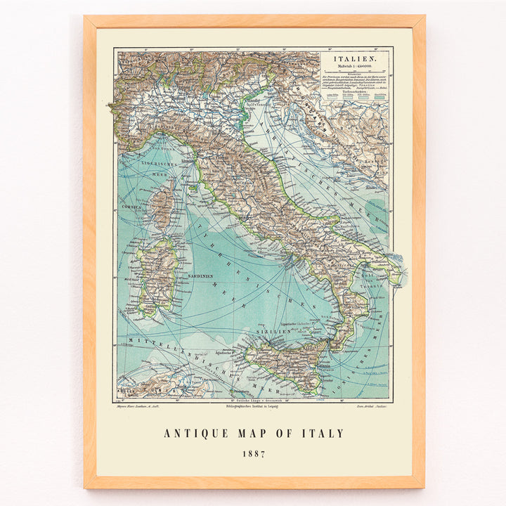 Closeup detail of Colorful historical map of Italy by Institute of Liepzig German antique artwork with detailed geographical features